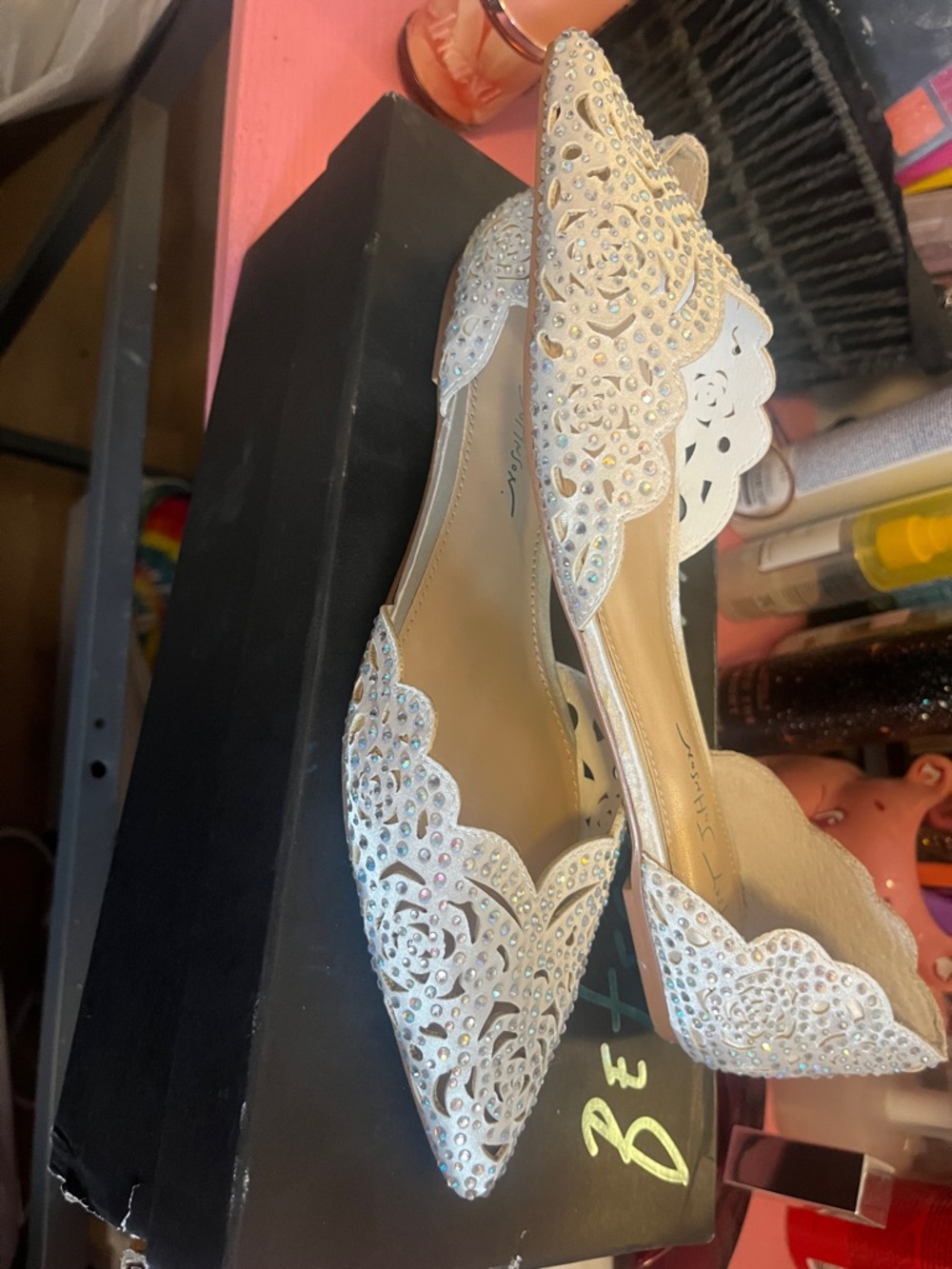 Betsy Johnson -Embellished Scalloped Pointed Toe Flats - White